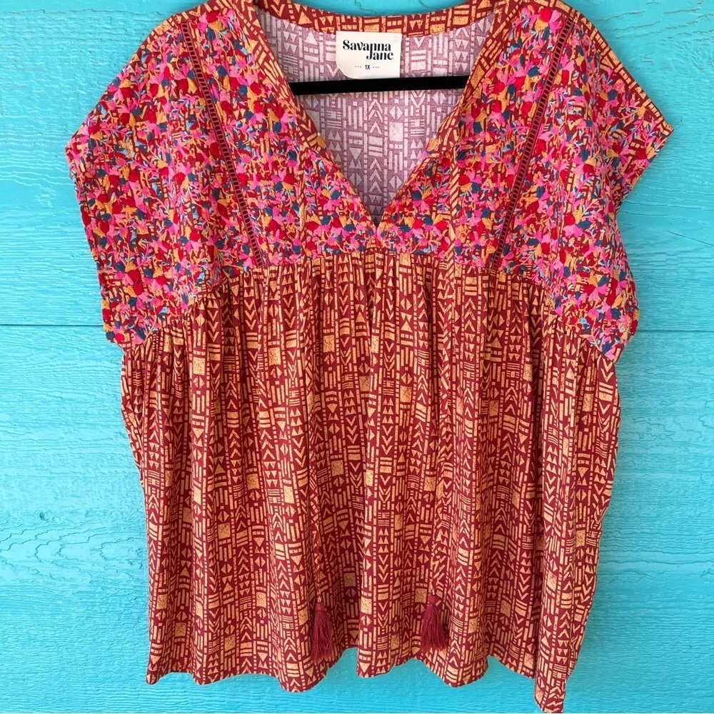 SAVANNA JANE EMBROIDERED BOHO TOP V- NECK SHOULDER SLEEVES SIZE 1X